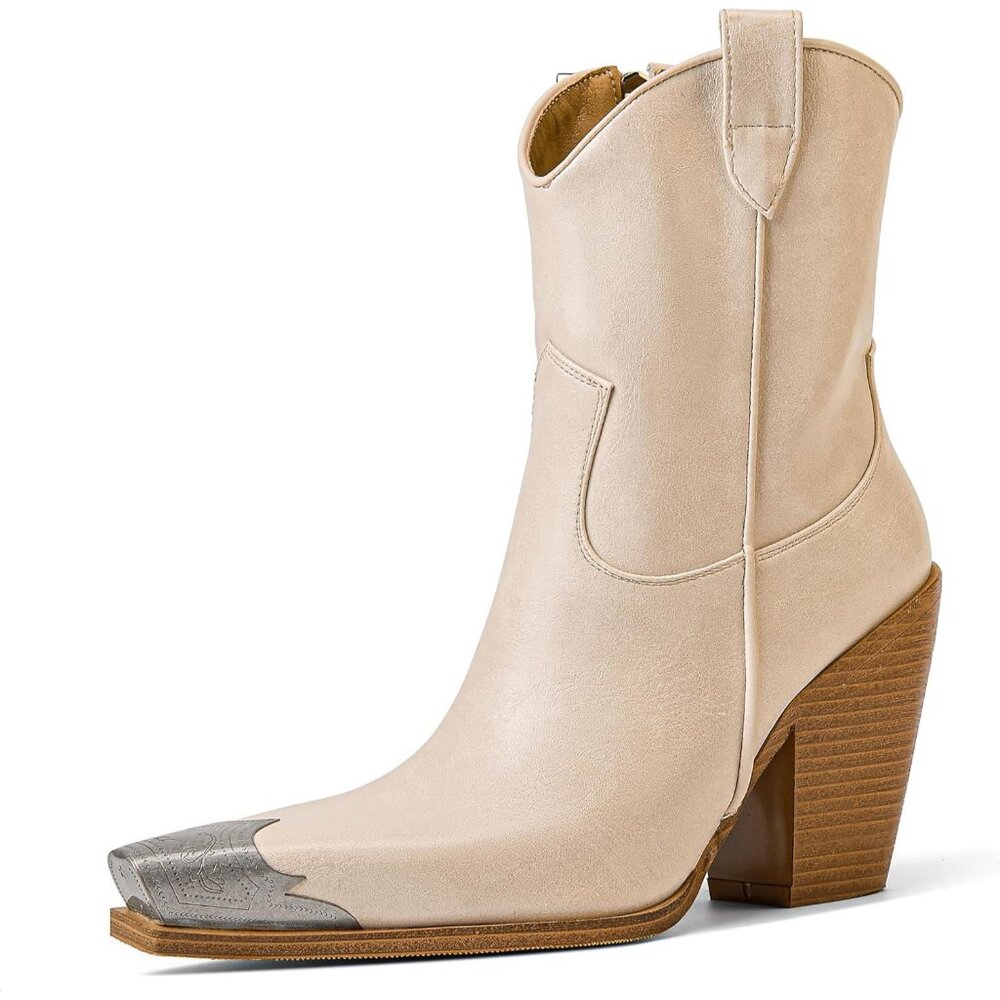 Women's Beige Engraved Steel Toe Cowgirl Boots Stacked Block Heels Short Western
